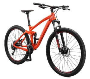 mongoose salvo trail adult mountain bike, 29-inch wheels, 18-speed trigger shifters, lightweight aluminum large frame, disc brakes, orange