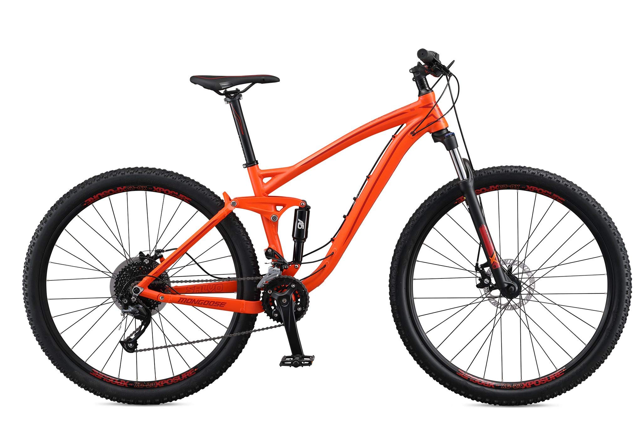 Mongoose Salvo Trail Adult Mountain Bike, 29-inch Wheels, 18-Speed Trigger Shifters, Lightweight Aluminum Large Frame, Disc Brakes, Orange