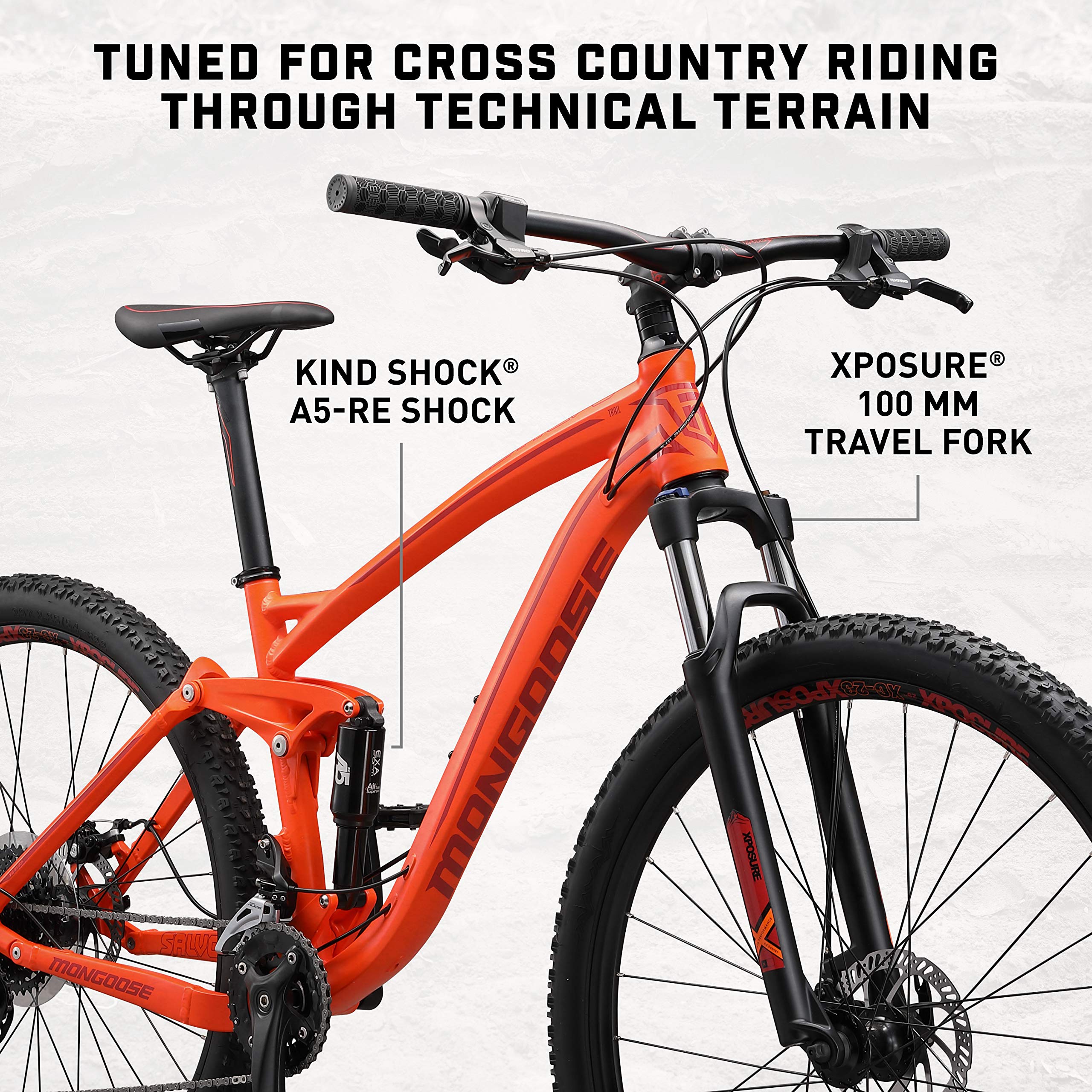 Mongoose Salvo Trail Adult Mountain Bike, 29-inch Wheels, 18-Speed Trigger Shifters, Lightweight Aluminum Large Frame, Disc Brakes, Orange