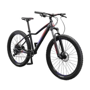 mongoose tyax comp adult mountain bike, 27.5-inch wheels, tectonic t2 aluminum frame, rigid hardtail, hydraulic disc brakes, womens medium frame, black