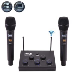 wireless karaoke microphone mixer system - 8-channel optical/coaxial input mixer w/digital uhf wireless mics, 3.5mm input/output, works w/home theater, receiver, amplifier, speaker - pyle pdwmkhrd23