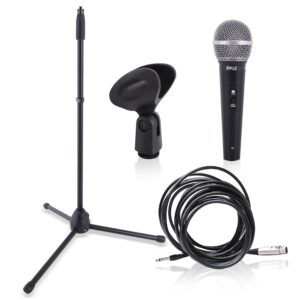 pyle professional handheld dynamic microphone kit - unidirectional vocal wired microphone w/carry bag, metal mic stand, holder/clip & 16.4ft xlr audio cable to 1/4'' audio connection pdmic88st,black