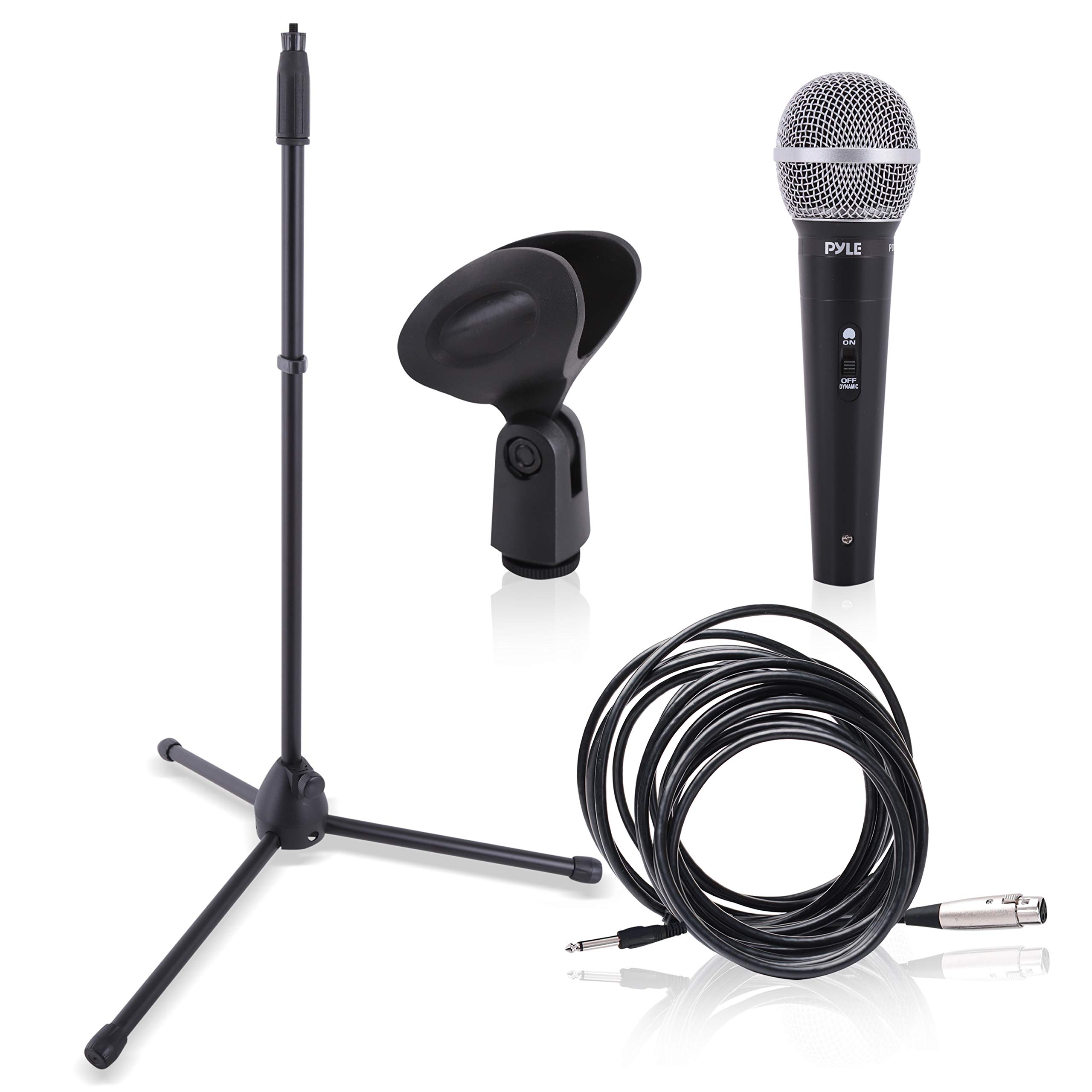 Pyle Professional Handheld Dynamic Microphone Kit - Unidirectional Vocal Wired Microphone w/Carry Bag, Metal Mic Stand, Holder/Clip & 16.4ft XLR Audio Cable to 1/4'' Audio Connection PDMIC88ST,Black