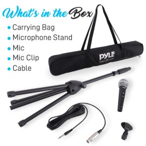 Pyle Professional Handheld Dynamic Microphone Kit - Unidirectional Vocal Wired Microphone w/Carry Bag, Metal Mic Stand, Holder/Clip & 16.4ft XLR Audio Cable to 1/4'' Audio Connection PDMIC88ST,Black