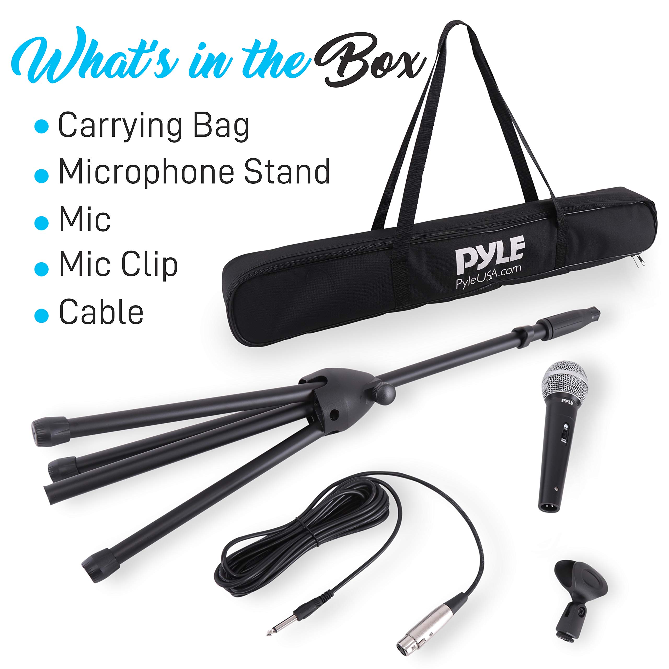 Pyle Professional Handheld Dynamic Microphone Kit - Unidirectional Vocal Wired Microphone w/Carry Bag, Metal Mic Stand, Holder/Clip & 16.4ft XLR Audio Cable to 1/4'' Audio Connection PDMIC88ST,Black