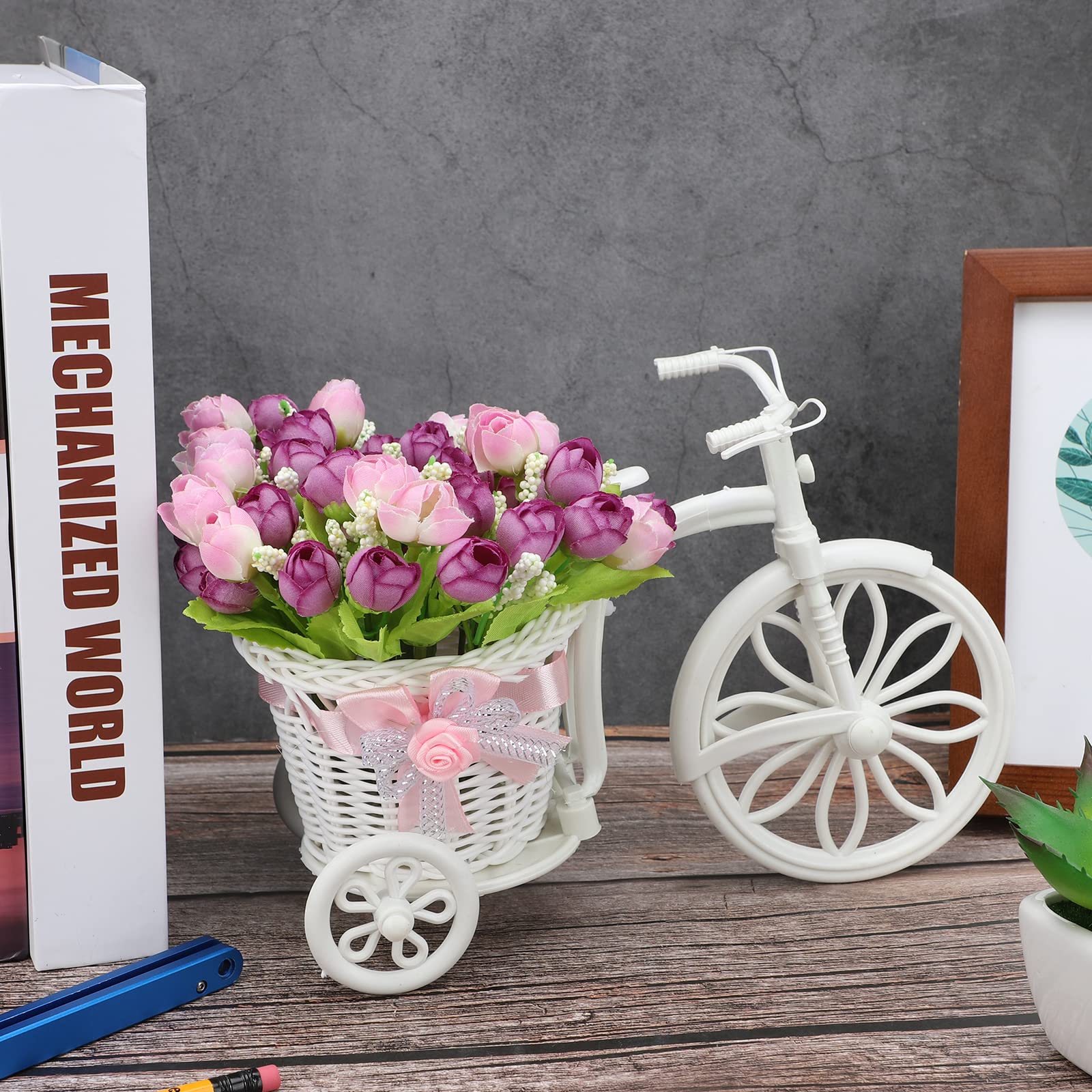 TRIEtree Bicycle Artificial Flower Decor Plant Stand Nostalgic Bicycle Planter Garden Decor for Home Wedding Decoration(Purple)