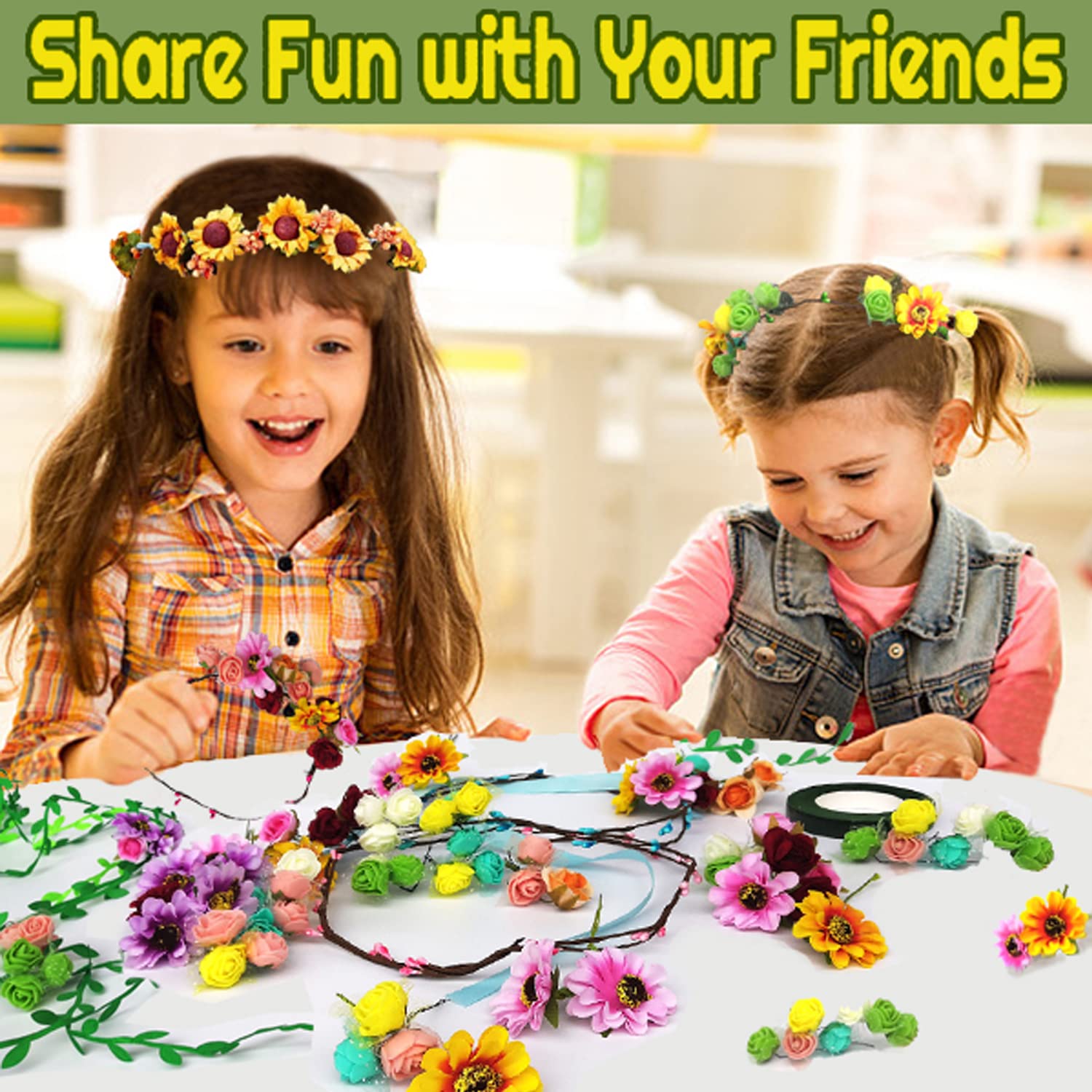 WUBOMJIO Flower Crowns Craft Kit, Make Your Own 12 PCs Flower Crowns Garland Handmade Arts and Crafts for Kids, DIY Fairy Flower Headbands and Bracelets,Hair Accessories Gift for Girls/Teens/Women