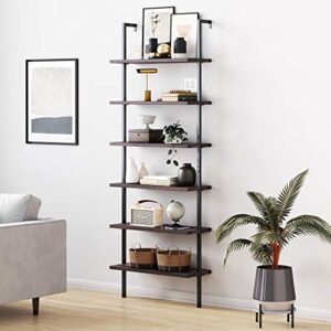 nathan james theo 6-shelf tall bookcase, wall mount bookshelf with natural wood finish and industrial metal frame, nutmeg/matte black