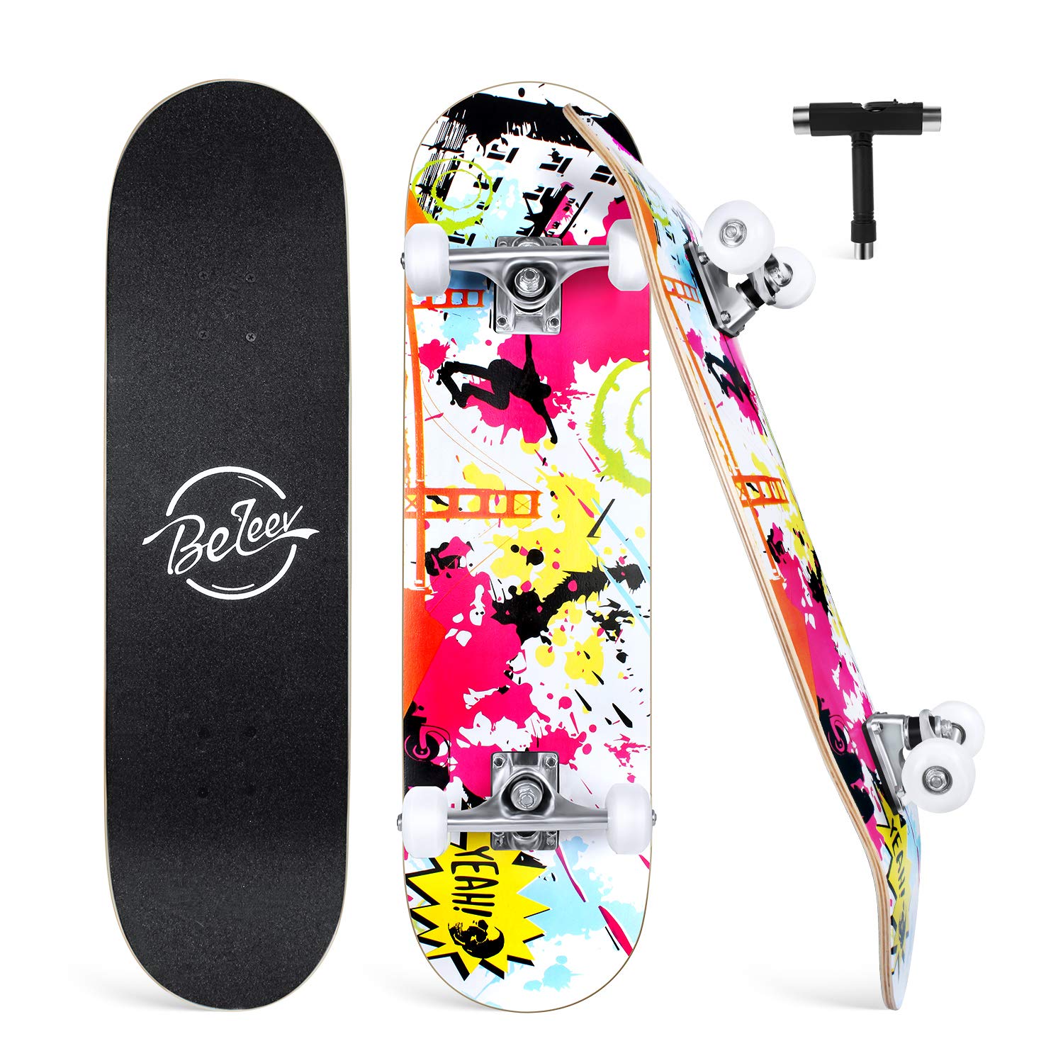 BELEEV Skateboards for Beginners, 31 Inch Complete Skateboard for Kids Ages 3-12, Teens Adults, 7 Layer Canadian Maple Double Kick Deck Concave Cruiser Trick Skateboard (Graffiti)