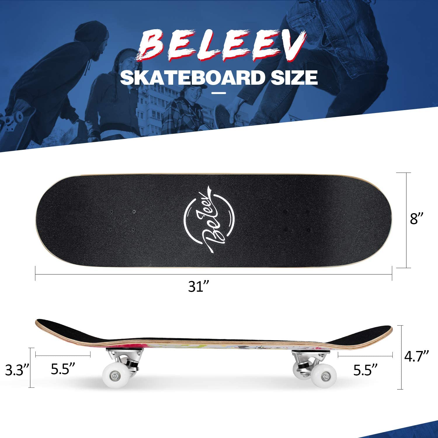 BELEEV Skateboards for Beginners, 31 Inch Complete Skateboard for Kids Ages 3-12, Teens Adults, 7 Layer Canadian Maple Double Kick Deck Concave Cruiser Trick Skateboard (Graffiti)