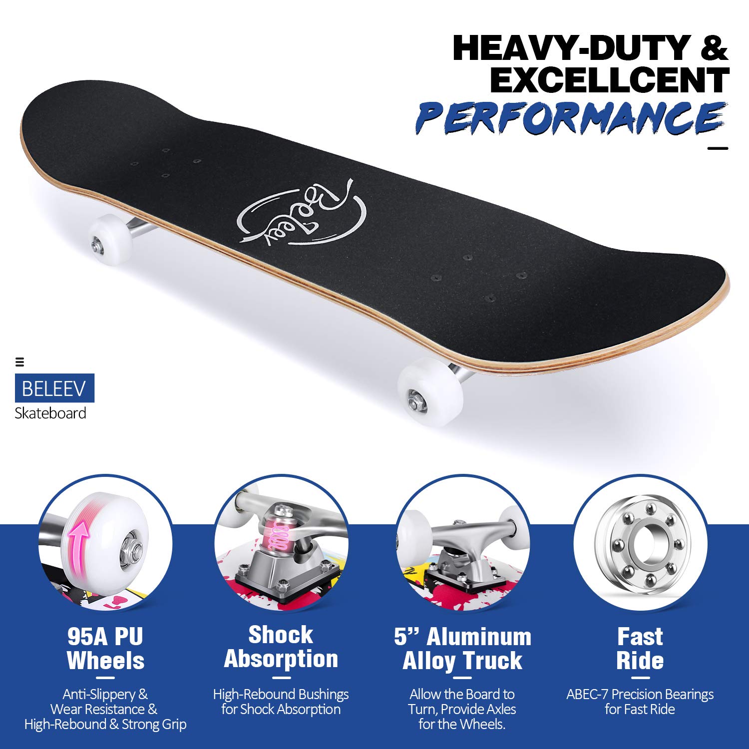 BELEEV Skateboards for Beginners, 31 Inch Complete Skateboard for Kids Ages 3-12, Teens Adults, 7 Layer Canadian Maple Double Kick Deck Concave Cruiser Trick Skateboard (Graffiti)