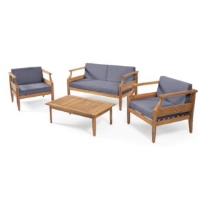 christopher knight home caitlyn outdoor 4 seater chat set with cushions, teak finish, dark gray