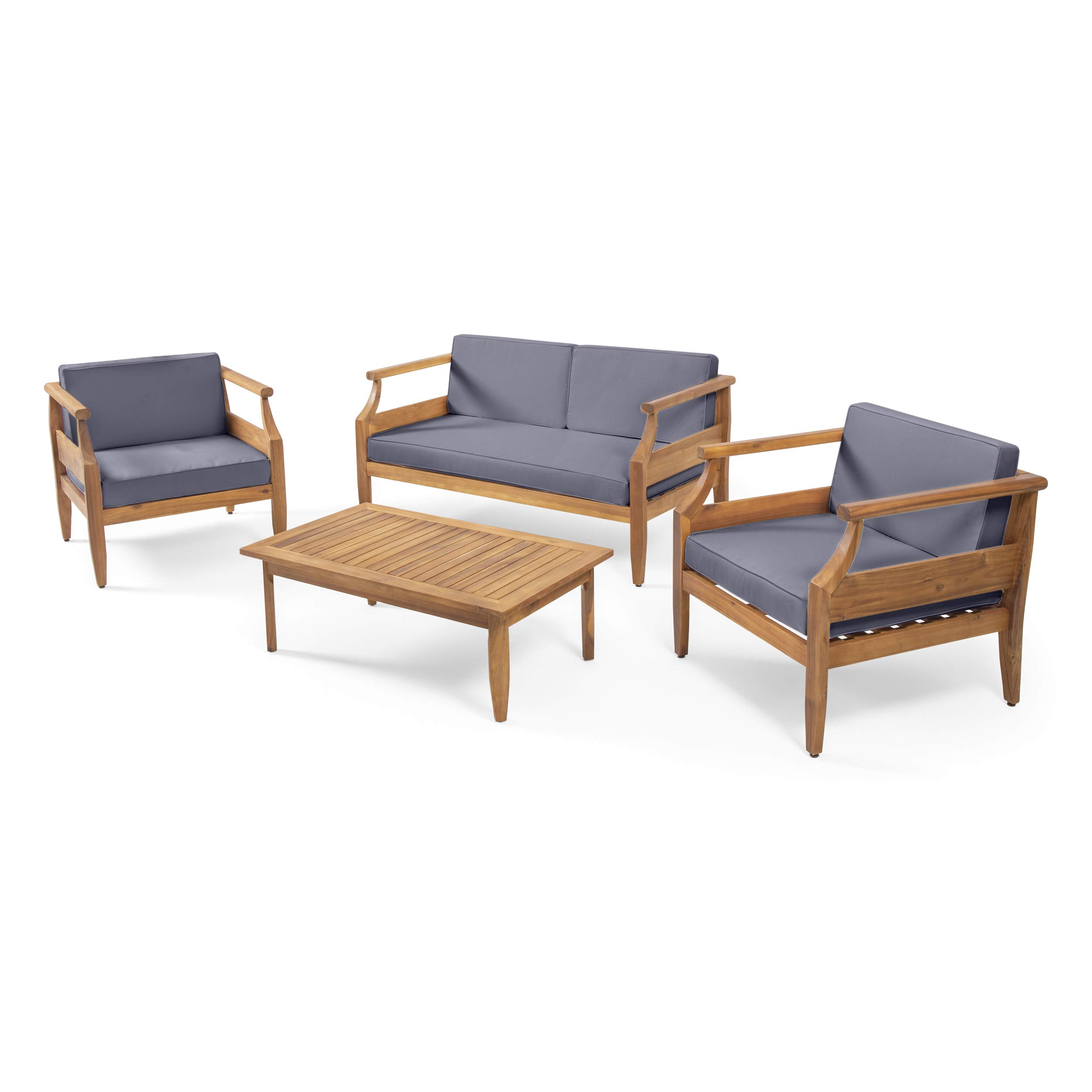 Christopher Knight Home Caitlyn Outdoor 4 Seater Chat Set with Cushions, Teak Finish, Dark Gray