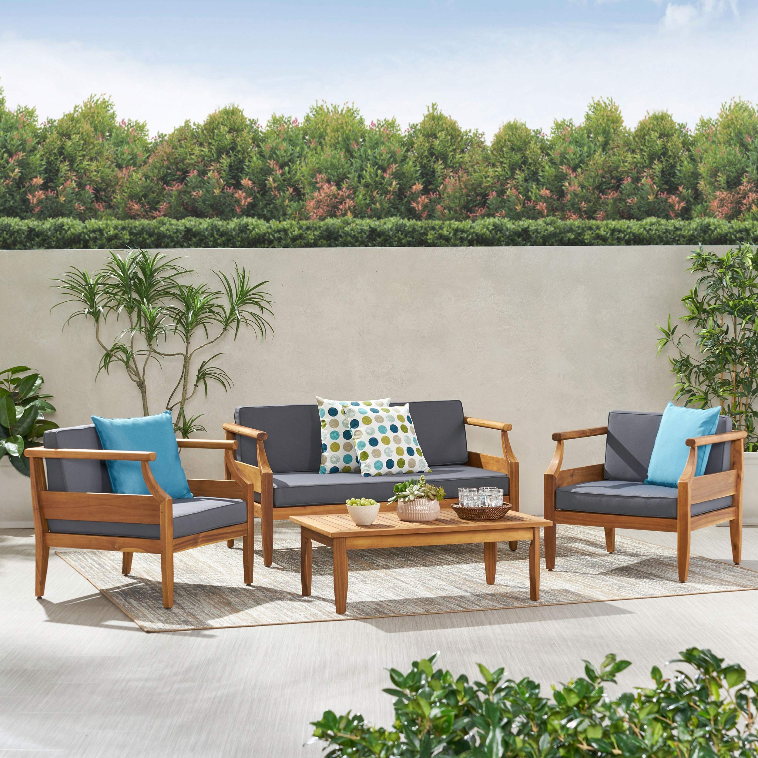 Christopher Knight Home Caitlyn Outdoor 4 Seater Chat Set with Cushions, Teak Finish, Dark Gray