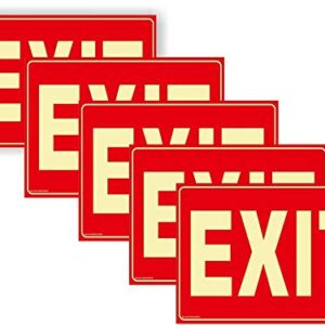 5 Pack Exit Sign for Business Lighted Glow in the Dark for Business - Comes with 2-Sided Tape - Non-Fade Colors/Durable, UV Protected, Easy to Mount - Waterproof - Peel & Stick