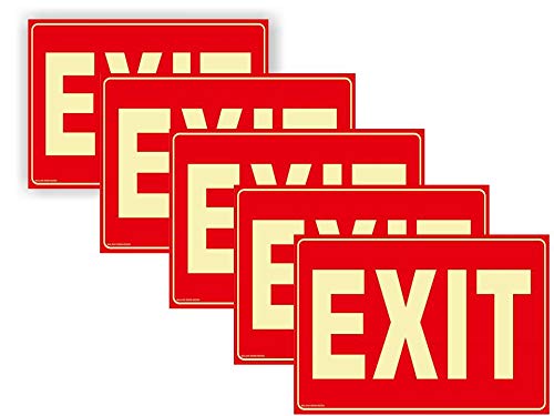 5 Pack Exit Sign for Business Lighted Glow in the Dark for Business - Comes with 2-Sided Tape - Non-Fade Colors/Durable, UV Protected, Easy to Mount - Waterproof - Peel & Stick