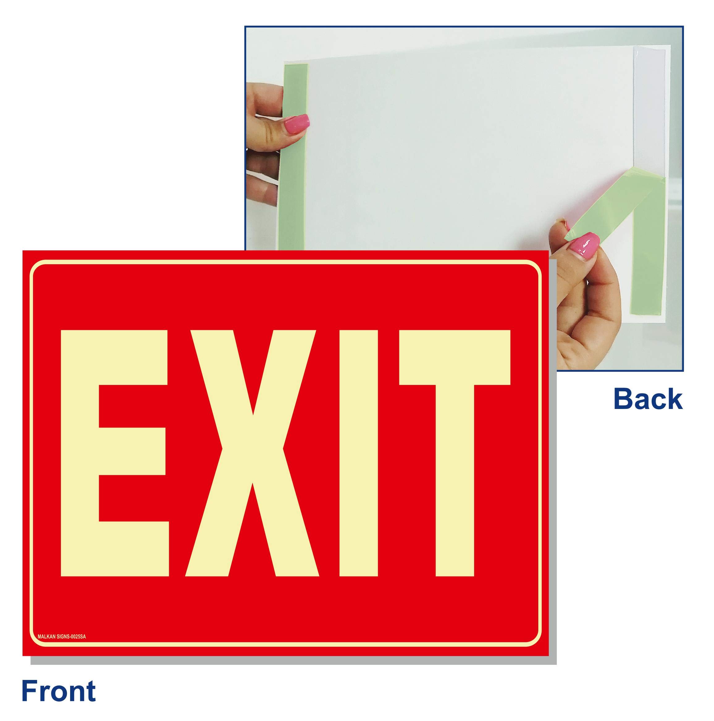 5 Pack Exit Sign for Business Lighted Glow in the Dark for Business - Comes with 2-Sided Tape - Non-Fade Colors/Durable, UV Protected, Easy to Mount - Waterproof - Peel & Stick