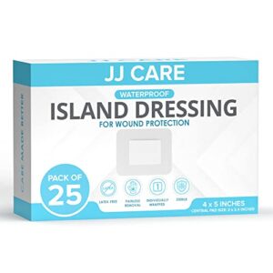 jj care waterproof adhesive island dressing [pack of 25], 4" x 5" sterile island wound dressing, breathable bordered gauze dressing, individually wrapped latex free bandages with non-stick central pad