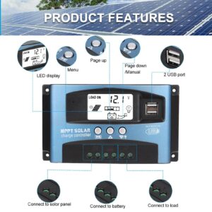 MPPT Solar Charge Controller 40/50/60/100A, 12V 24V Dual USB Solar Pannel Battery Controller Intelligent Regulator with LCD Display(100A)