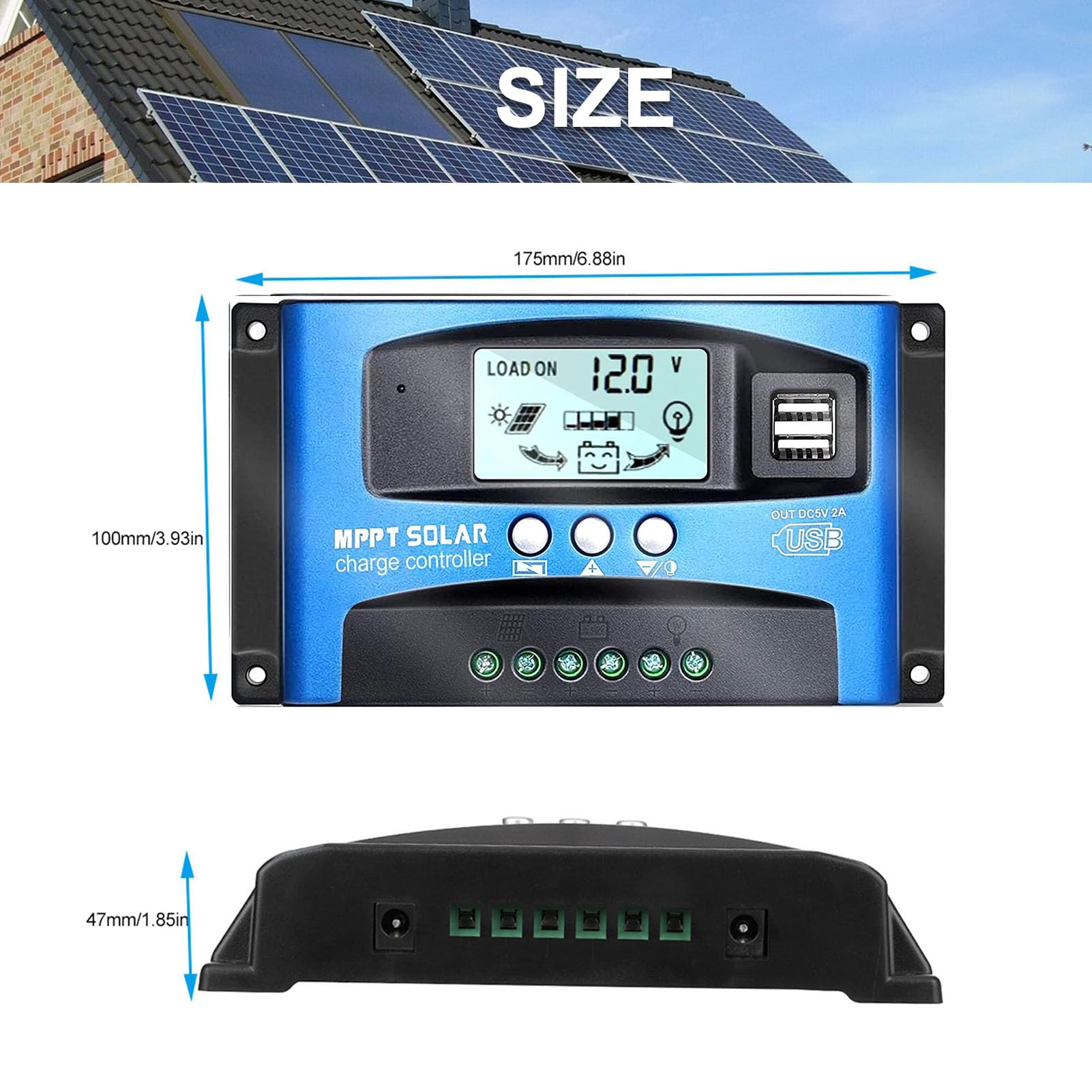 MPPT Solar Charge Controller 40/50/60/100A, 12V 24V Dual USB Solar Pannel Battery Controller Intelligent Regulator with LCD Display(100A)