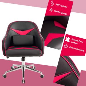 Giantex PU Leather Gaming Chair, Adjustable Height Mid-Back Armchair w/Massage Lumbar Pillow, Rolling Swivel Desk Chairs for Office Home Game Room (Red & Black)