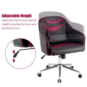 Giantex PU Leather Gaming Chair, Adjustable Height Mid-Back Armchair w/Massage Lumbar Pillow, Rolling Swivel Desk Chairs for Office Home Game Room (Red & Black)