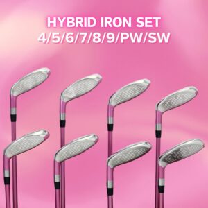 Majek Pink Senior Ladies Golf Hybrids Irons Set New Senior Women Best All True Hybrid Ultra Light Weight Forgiving Fuchsia Woman Complete Package Includes 4 5 6 7 8 9 PW SW All Lady Flex Utility Clubs