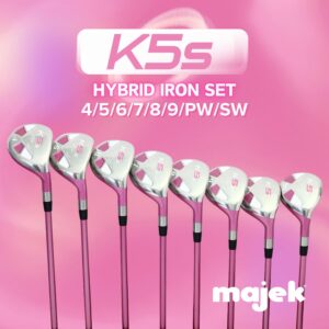 Majek Pink Senior Ladies Golf Hybrids Irons Set New Senior Women Best All True Hybrid Ultra Light Weight Forgiving Fuchsia Woman Complete Package Includes 4 5 6 7 8 9 PW SW All Lady Flex Utility Clubs