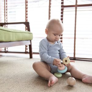 PlanToys Wooden Stacking Rings Baby Toy - Sustainably Made from Rubberwood Featuring Organic-Pigment Coloring and Water-Based Dyes with Collapsible Central Rod for Safety