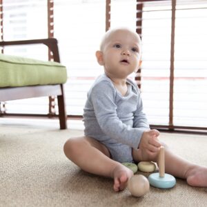 PlanToys Wooden Stacking Rings Baby Toy - Sustainably Made from Rubberwood Featuring Organic-Pigment Coloring and Water-Based Dyes with Collapsible Central Rod for Safety