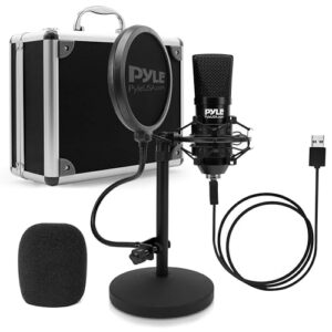 pyle usb microphone podcast recording kit - audio cardioid condenser mic w/desktop stand and pop filter - for gaming ps4, streaming, podcasting, studio, youtube, works w/windows mac pc pdmikt120