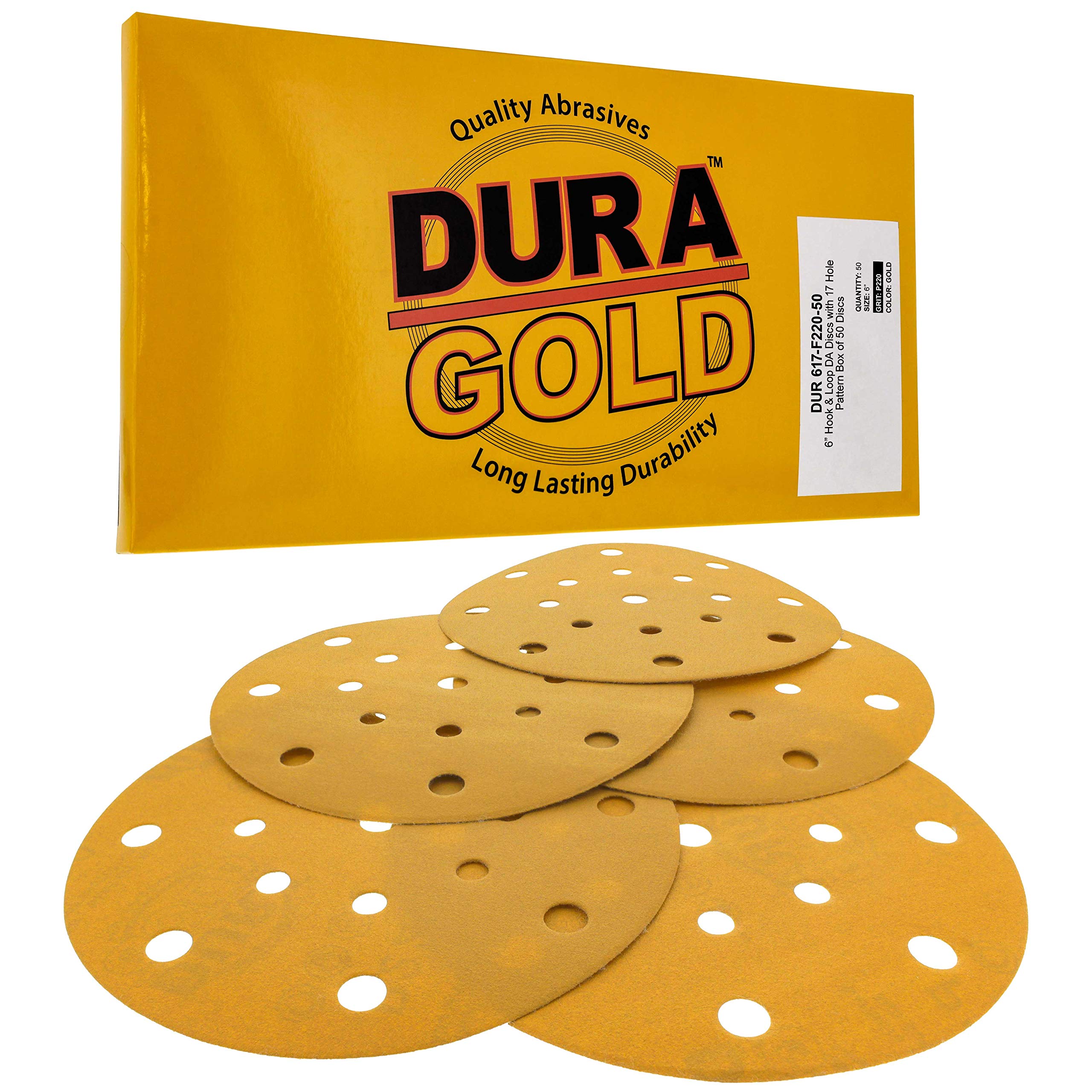 Dura-Gold Premium 6" Gold Sanding Discs - 220 Grit (Box of 50) - 17 Hole Pattern Dustless Hook & Loop Backing Sandpaper for DA Sanders, Aluminum Oxide Abrasive - Sand Automotive Paint Woodworking Wood