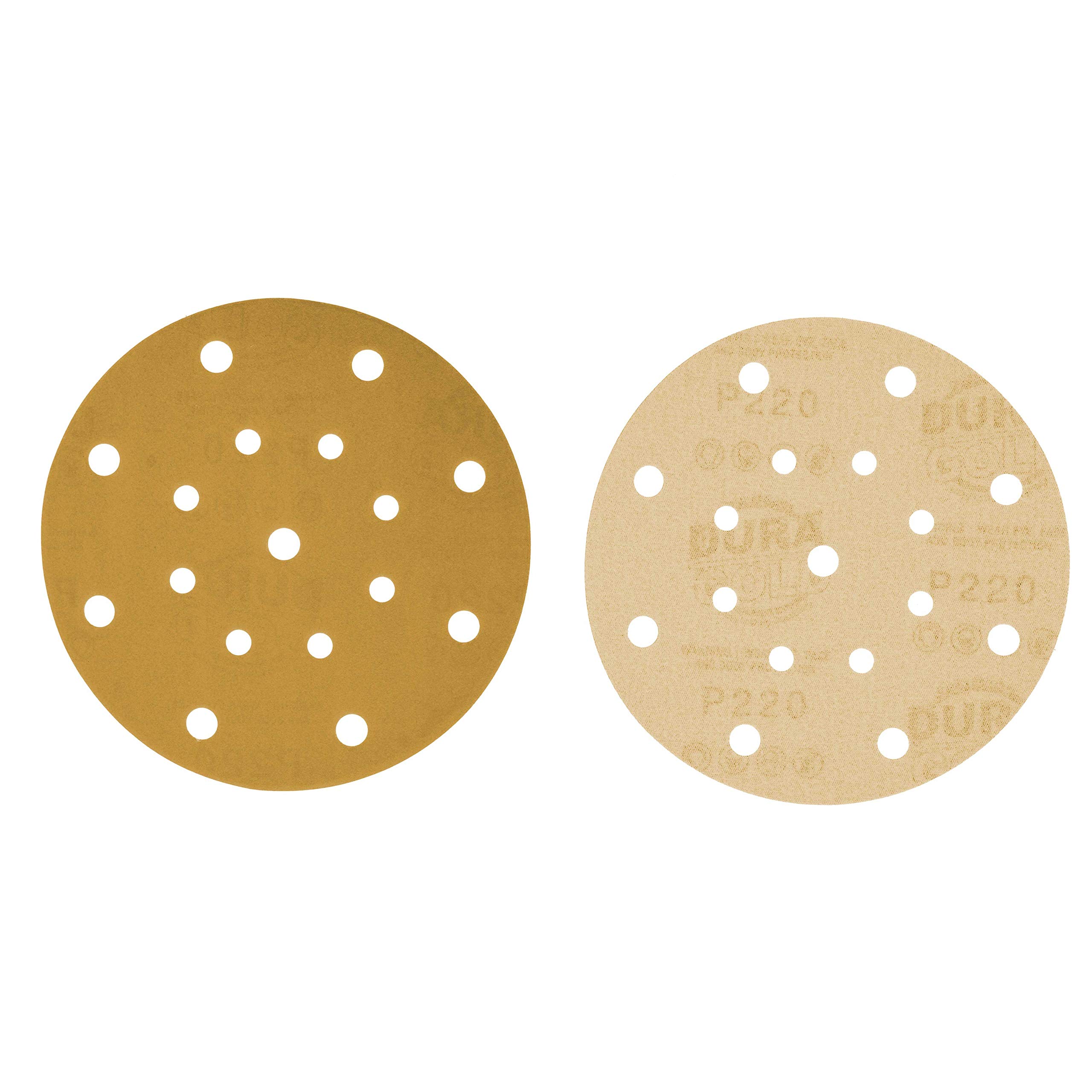 Dura-Gold Premium 6" Gold Sanding Discs - 220 Grit (Box of 50) - 17 Hole Pattern Dustless Hook & Loop Backing Sandpaper for DA Sanders, Aluminum Oxide Abrasive - Sand Automotive Paint Woodworking Wood