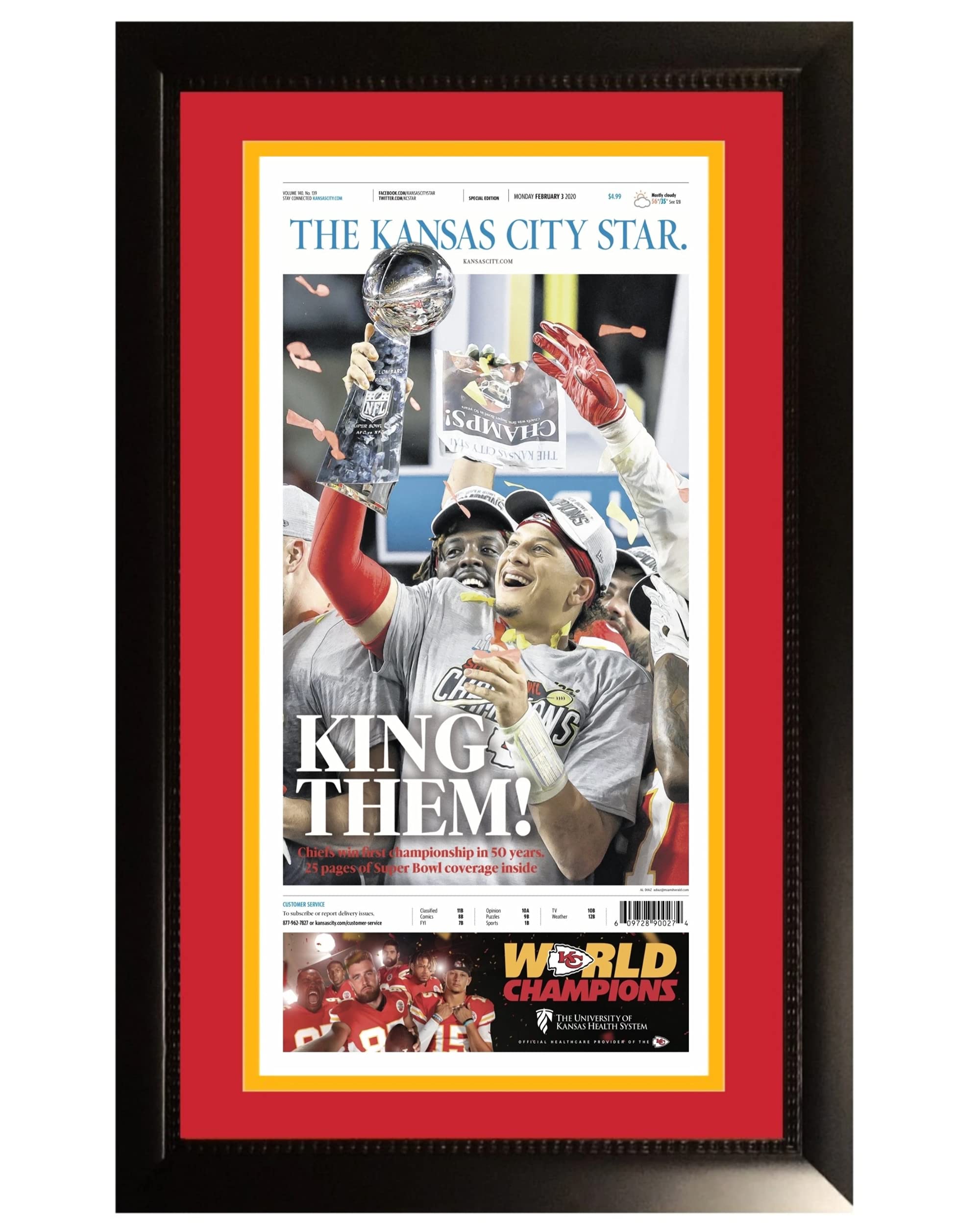 Kansas City Chiefs Super Bowl 54 LIV Champions Original Front Page Kc Star Framed Newspaper With Patrick Mahomes 2/3/20