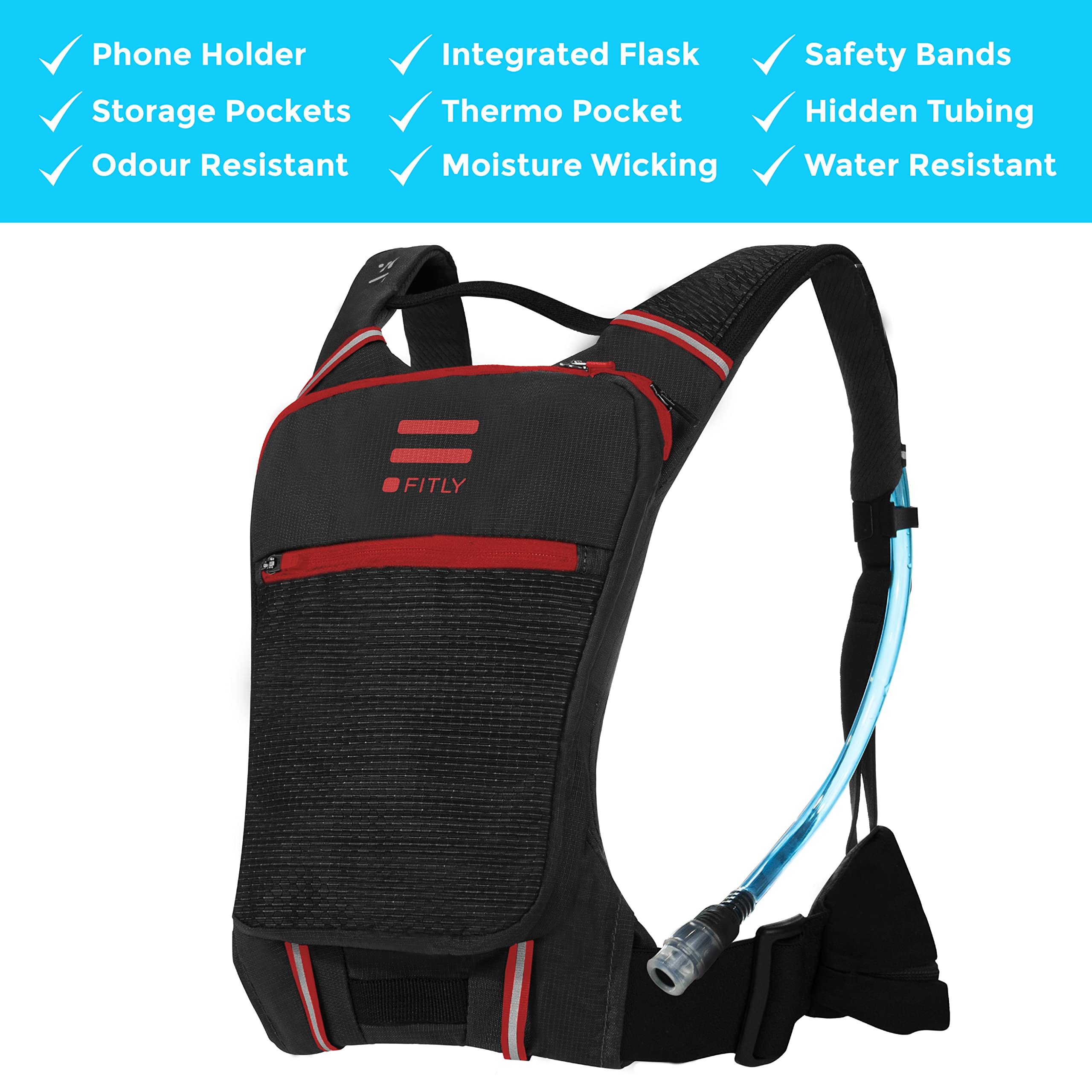 FITLY Sub90 Running Hydration Vest - Lightweight Running Pack For Men & Women with Phone Holder, Storage, Thoracic Belt - Running Water Pack - Carry Personal Items While Running - Red