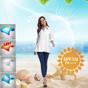 Women's UPF 50 Long Sleeve Sun Protection Shirts Quick Dry Outdoor Fishing Hiking Travel Shirt (5019 White, Small)