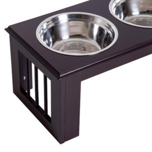 PawHut 10" Height Small Puppy Dog Feeding Station for Messy Pets, Stainless Steel Elevated Dog Bowls with Modern Wooden Frame, Dog Food Stand Pet Feeding Station, Dark Brown