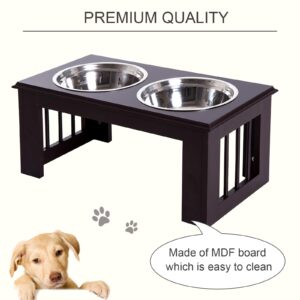 PawHut 10" Height Small Puppy Dog Feeding Station for Messy Pets, Stainless Steel Elevated Dog Bowls with Modern Wooden Frame, Dog Food Stand Pet Feeding Station, Dark Brown