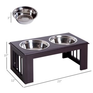 PawHut 10" Height Small Puppy Dog Feeding Station for Messy Pets, Stainless Steel Elevated Dog Bowls with Modern Wooden Frame, Dog Food Stand Pet Feeding Station, Dark Brown