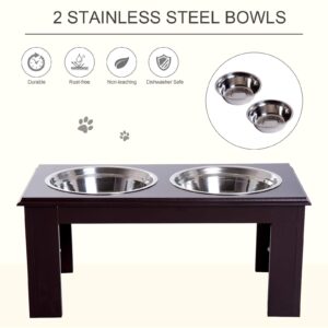 PawHut 10" Height Small Puppy Dog Feeding Station for Messy Pets, Stainless Steel Elevated Dog Bowls with Modern Wooden Frame, Dog Food Stand Pet Feeding Station, Dark Brown