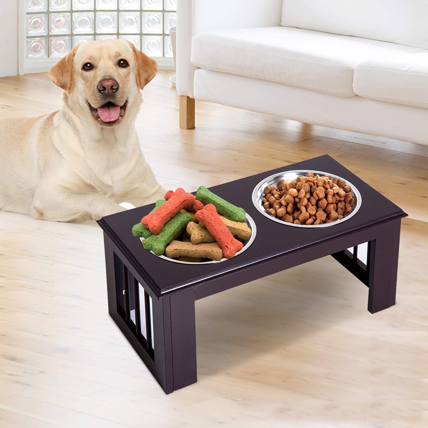 PawHut 10" Height Small Puppy Dog Feeding Station for Messy Pets, Stainless Steel Elevated Dog Bowls with Modern Wooden Frame, Dog Food Stand Pet Feeding Station, Dark Brown