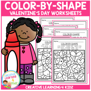 color by shape worksheets: valentine's day