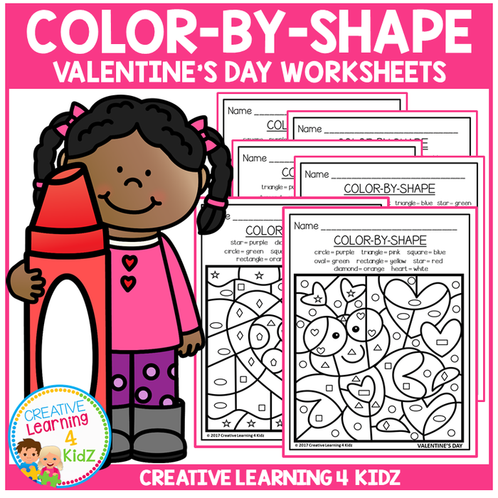 Color By Shape Worksheets: Valentine's Day