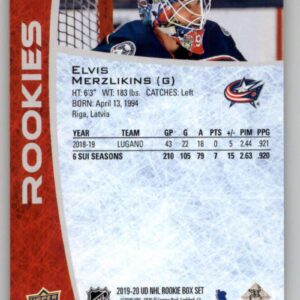 2019-20 Upper Deck NHL Rookie Box Set Hockey #16 Elvis Merzlikins Columbus Blue Jackets Official NHL Rookie Card From Upper Deck