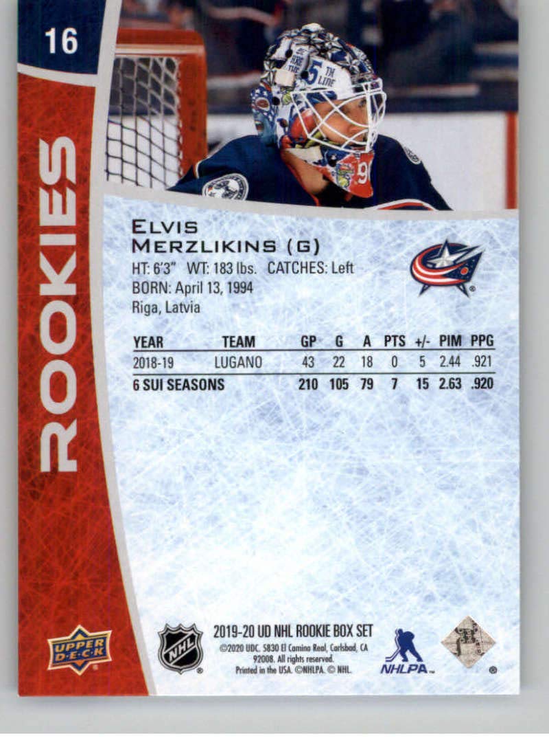 2019-20 Upper Deck NHL Rookie Box Set Hockey #16 Elvis Merzlikins Columbus Blue Jackets Official NHL Rookie Card From Upper Deck