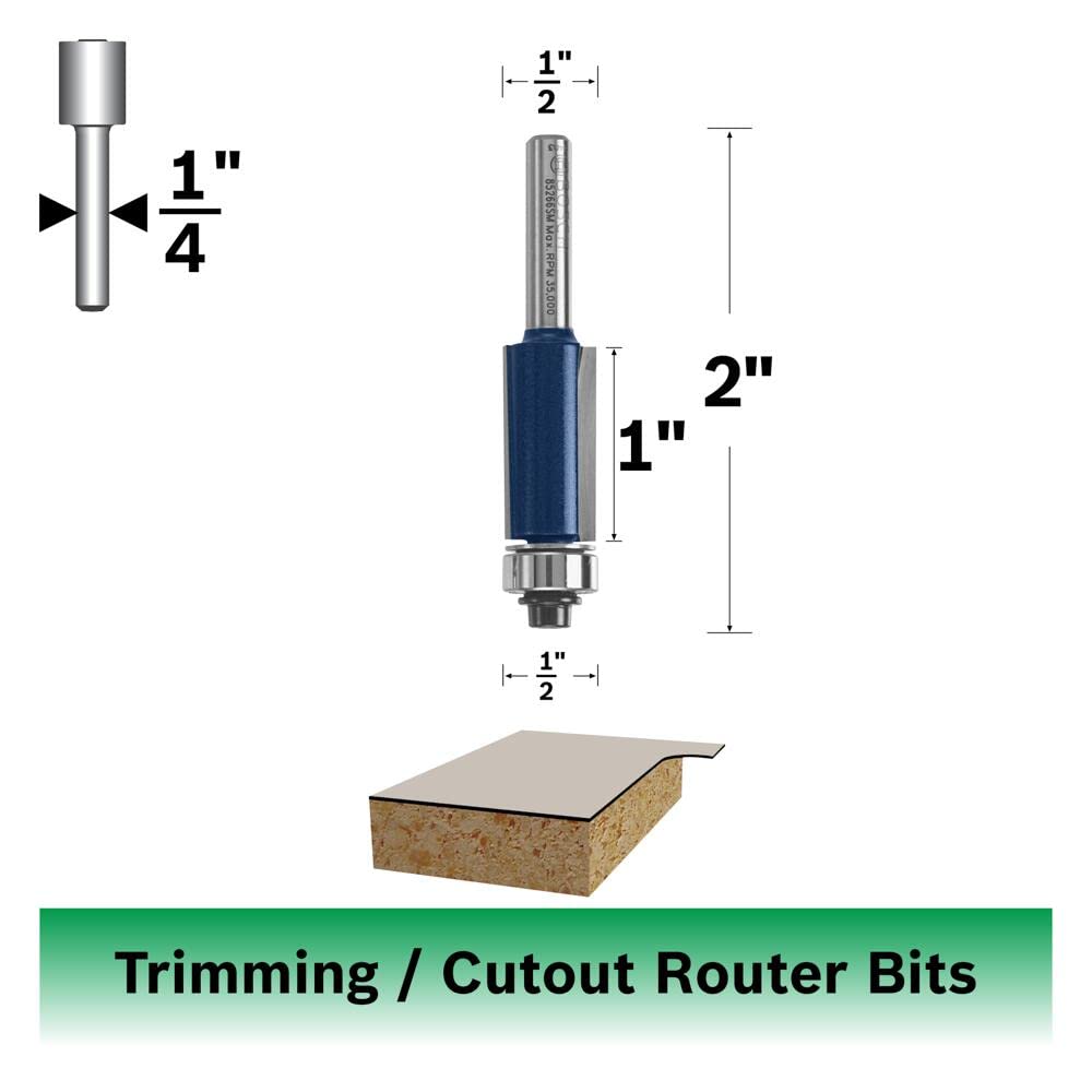 BOSCH 85266SM 1-Piece 1/2 In. x 1 In. Carbide Tipped 2-Flute Shear Trimming/Cutout Router Bit