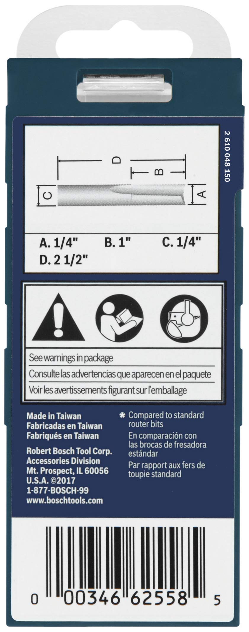 BOSCH 86010MC 1/4 In. x 1 In. Solid Carbide Double-Flute O-Flute Router Bit