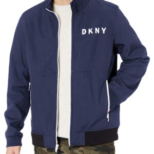 DKNY Men's Stand Collar Softshell Track Bomber Jacket, Navy, Large