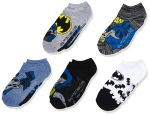 batman boys batman 5 pack no show casual sock, blue assorted, shoe size 3-8 us