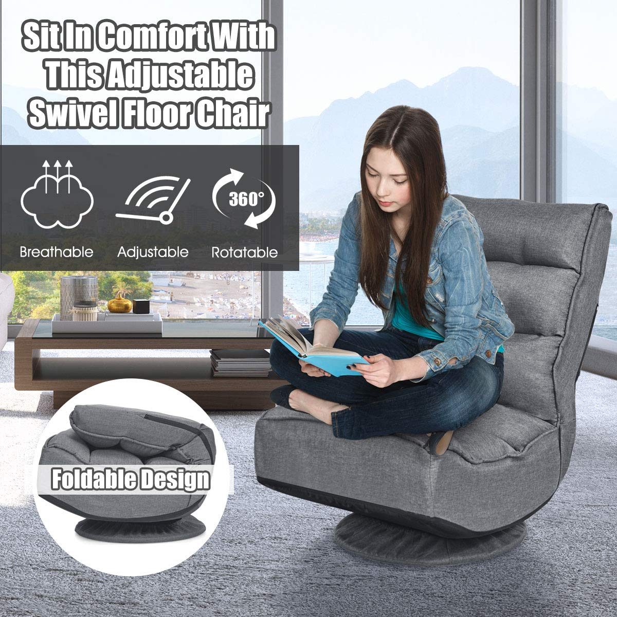 Giantex 360 Degree Swivel Gaming Chair, 6 Position Adjustable Folding Floor Chair, 300lb Spring Support, Comfortable Padded Backrest, Lazy Sofa Chair Game Rocker for Teens Adults